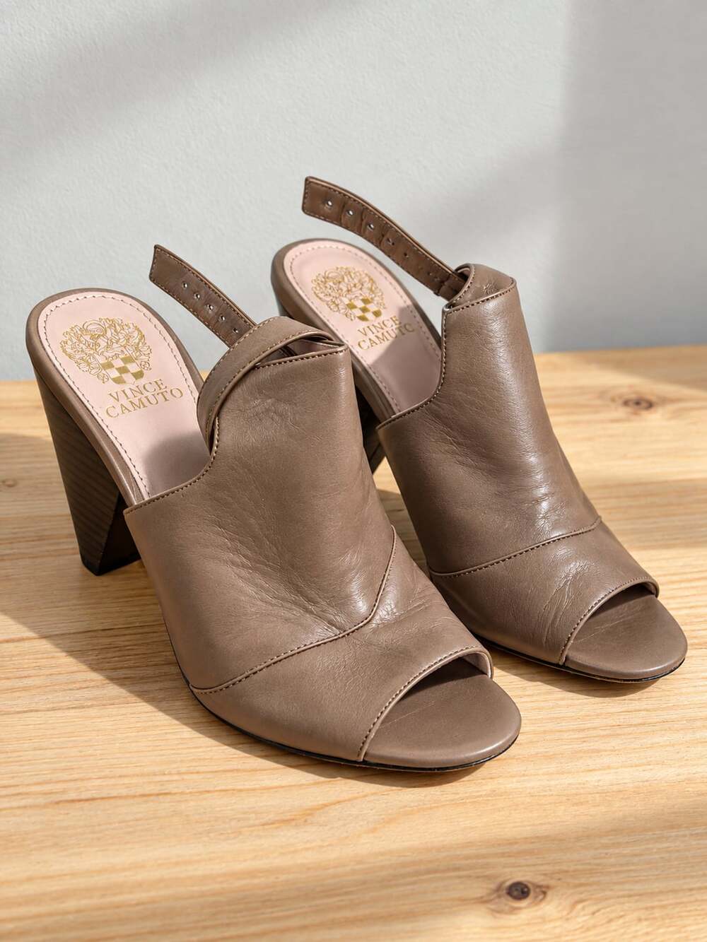 Vince Camuto Shoban Slingback Sandal Taupe Leather Block Heel